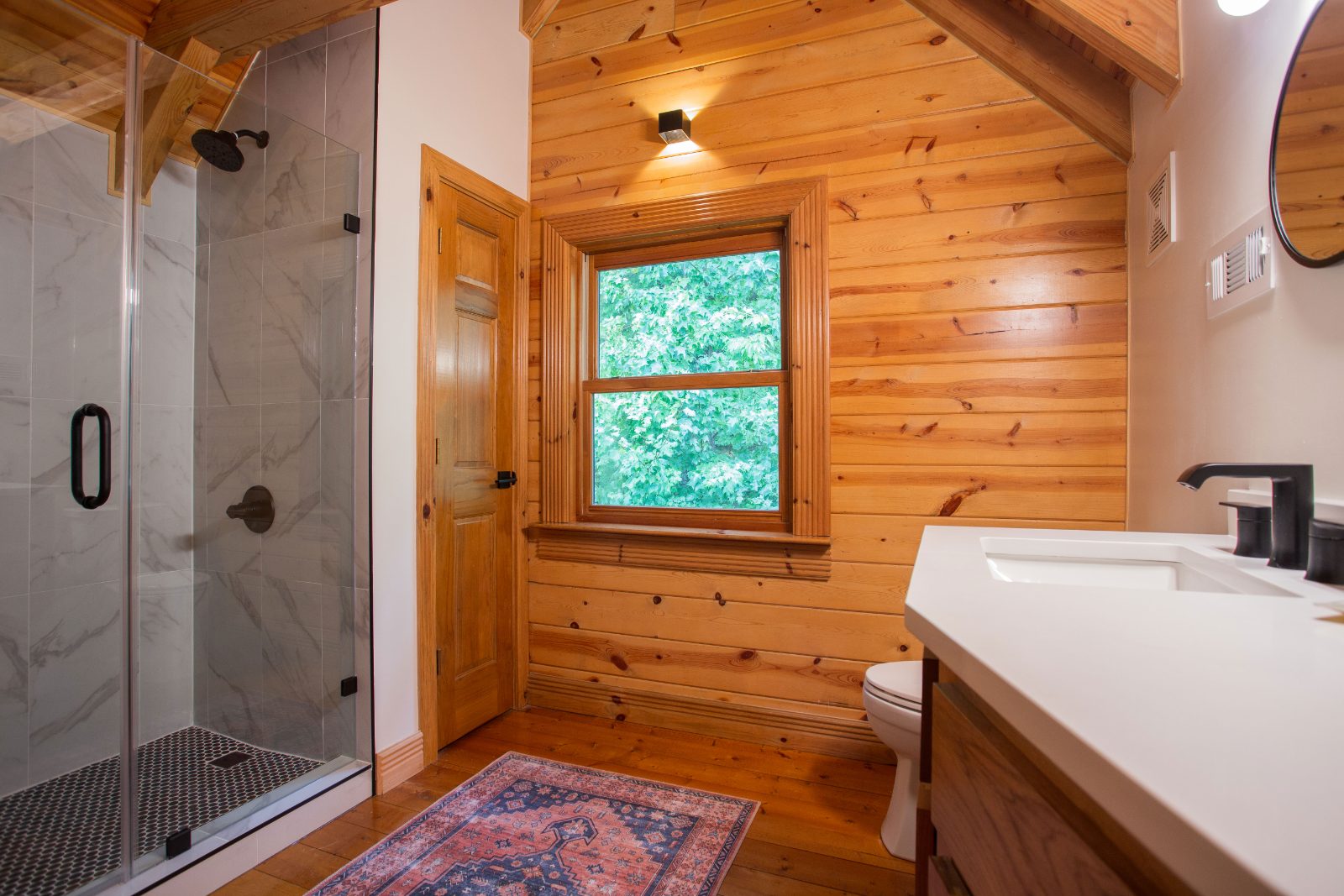 Walk-in shower, upper level