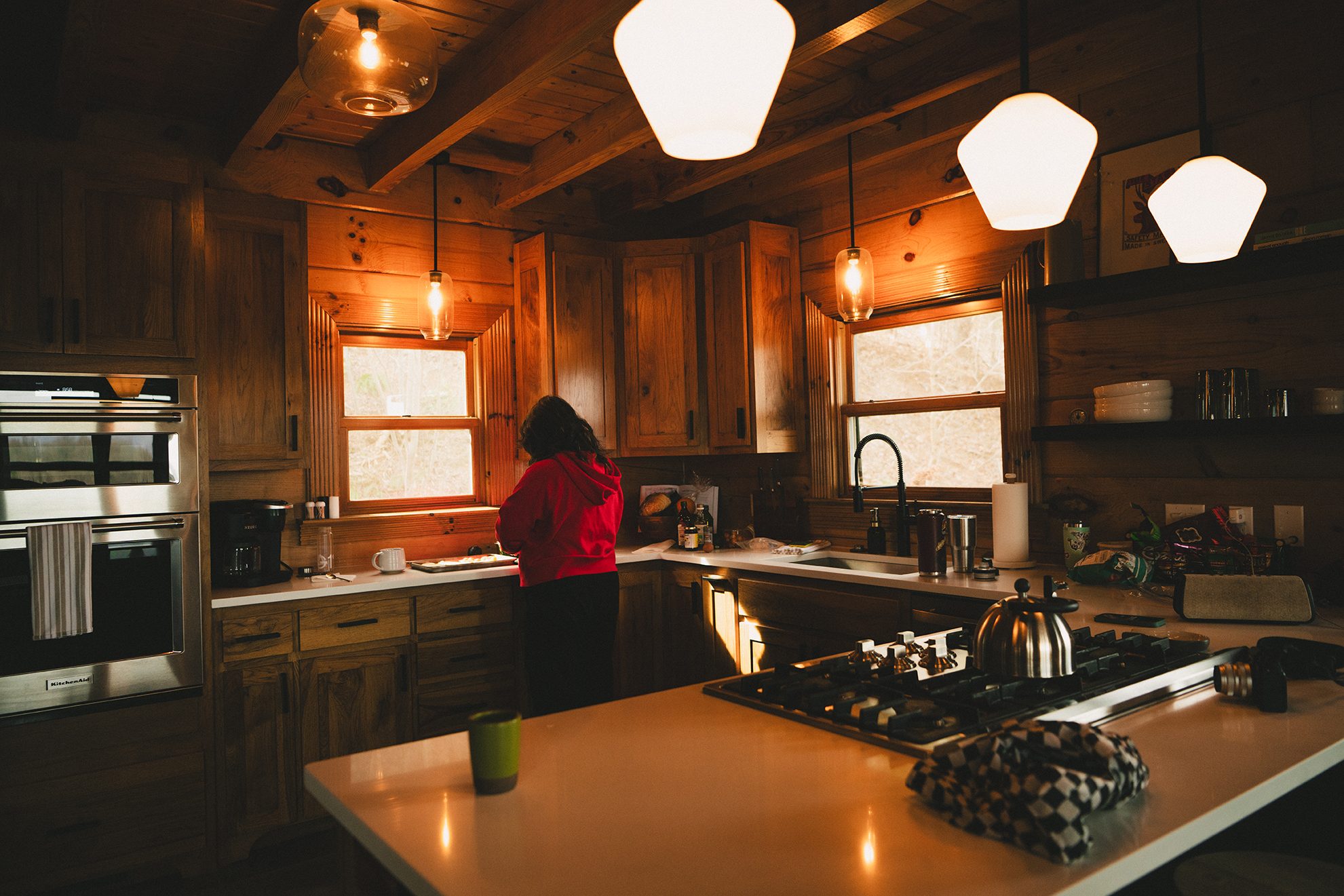 The kitchen island glowing after dark